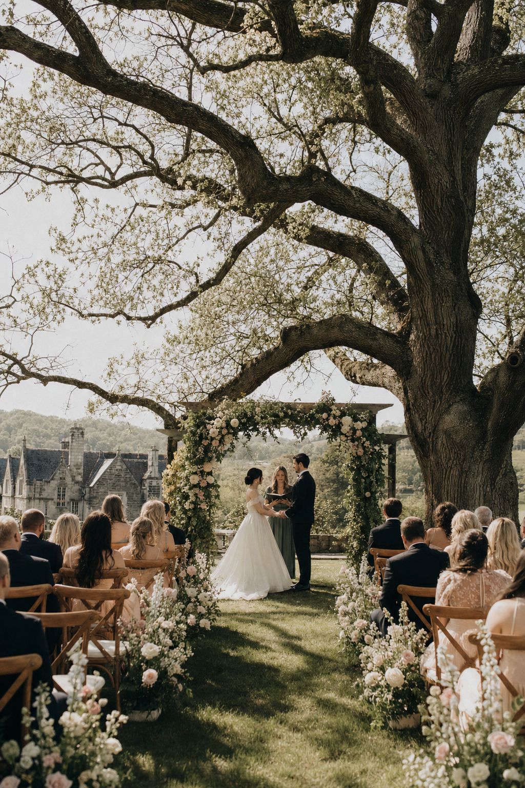 Outdoor ceremony beneath the ancient oak, guests seated on the lawn