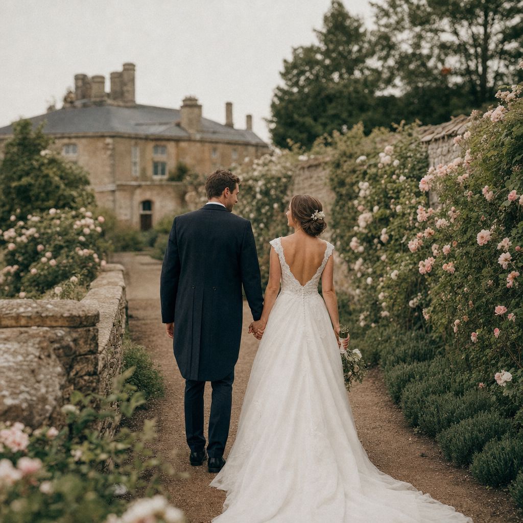 Bride and groom walking hand in hand through the walled rose garden