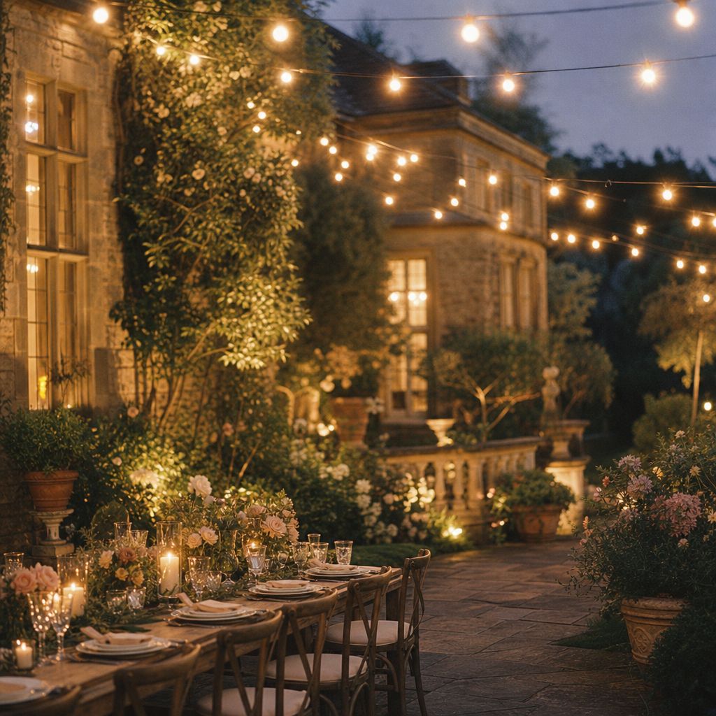 Festoon lights over the terrace as evening falls