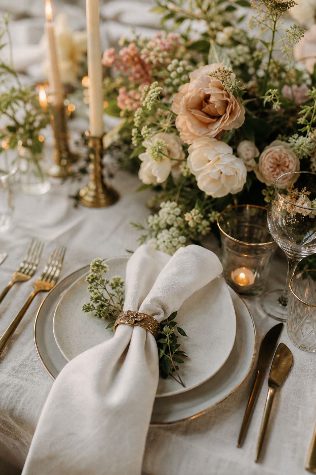Close detail of a table setting with garden flowers and candlelight