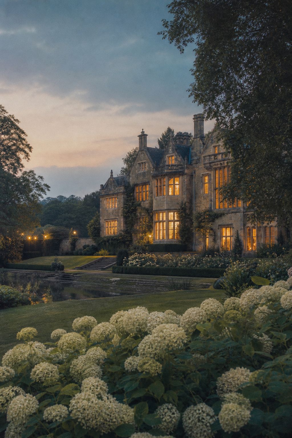 The estate manor and lawns at dusk, glowing windows