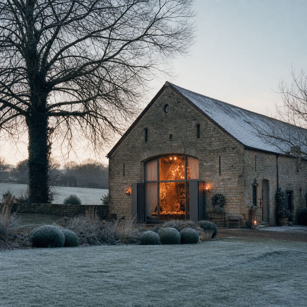 Winter wedding — frost on the lawn and the barn aglow with candles