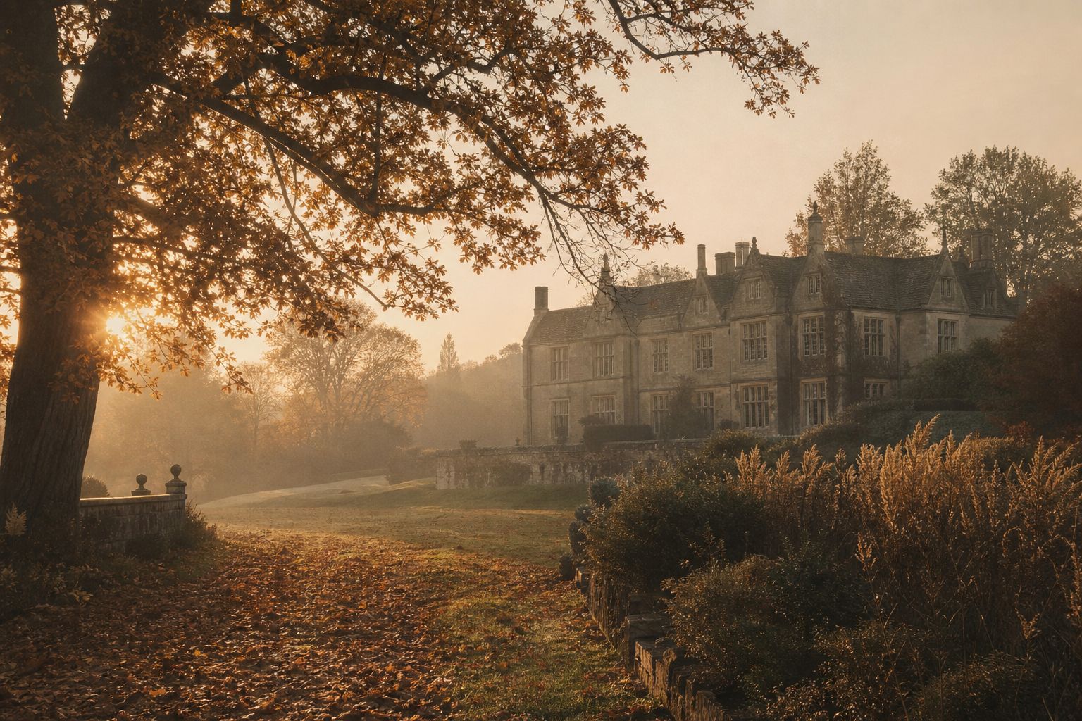 Estate grounds in autumn — copper and amber leaves under low golden light