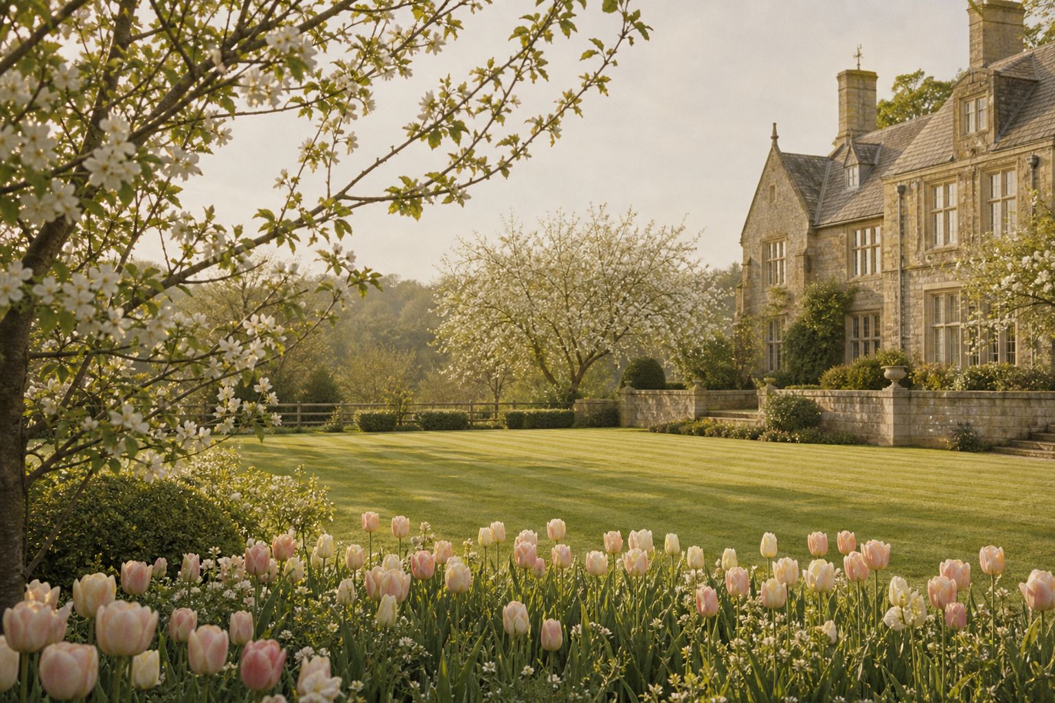 Estate lawn in spring — orchard blossom and tulips in fresh green morning light