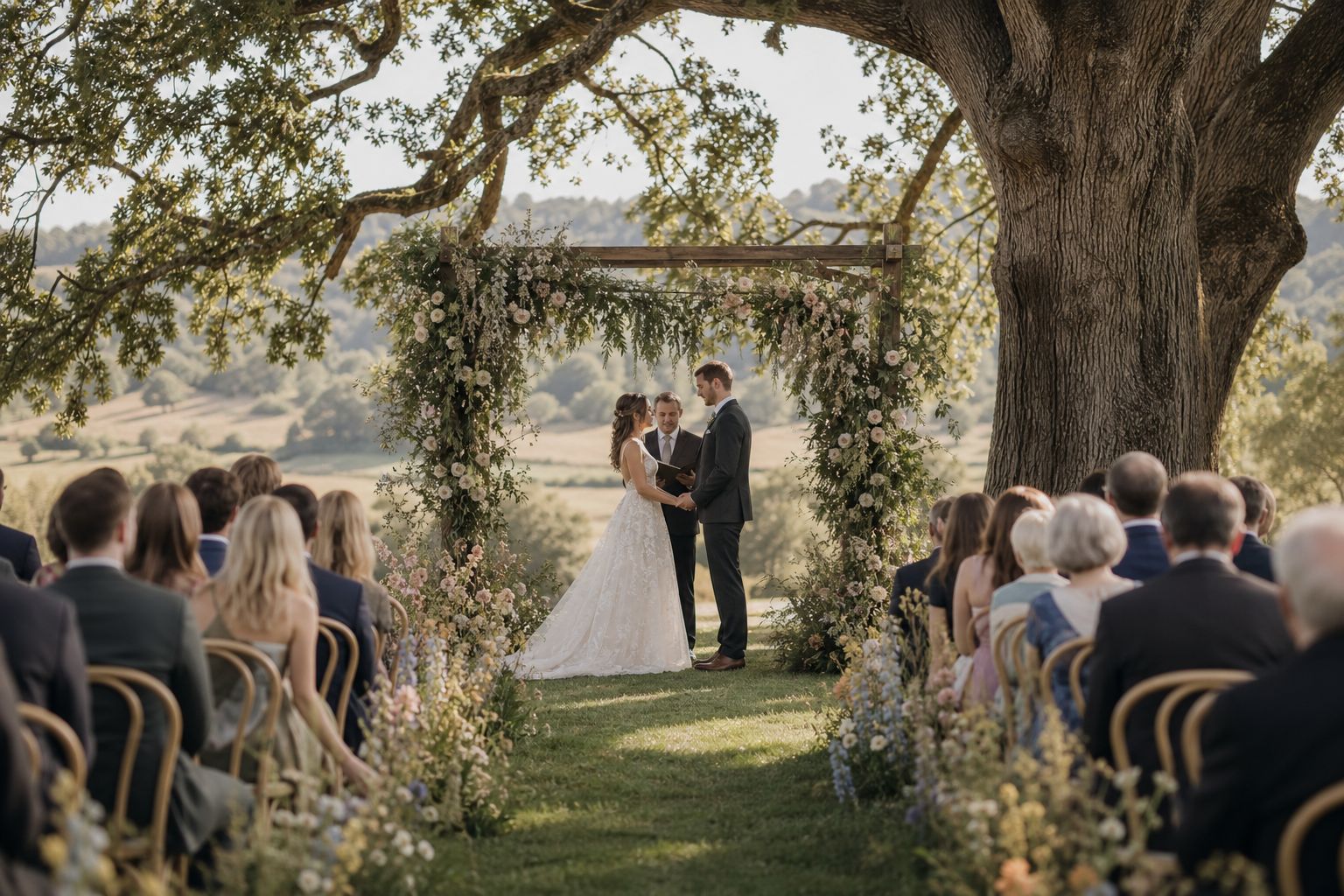 The ceremony lawn beneath the ancient oak, a dressed timber pergola and rows of pale chairs