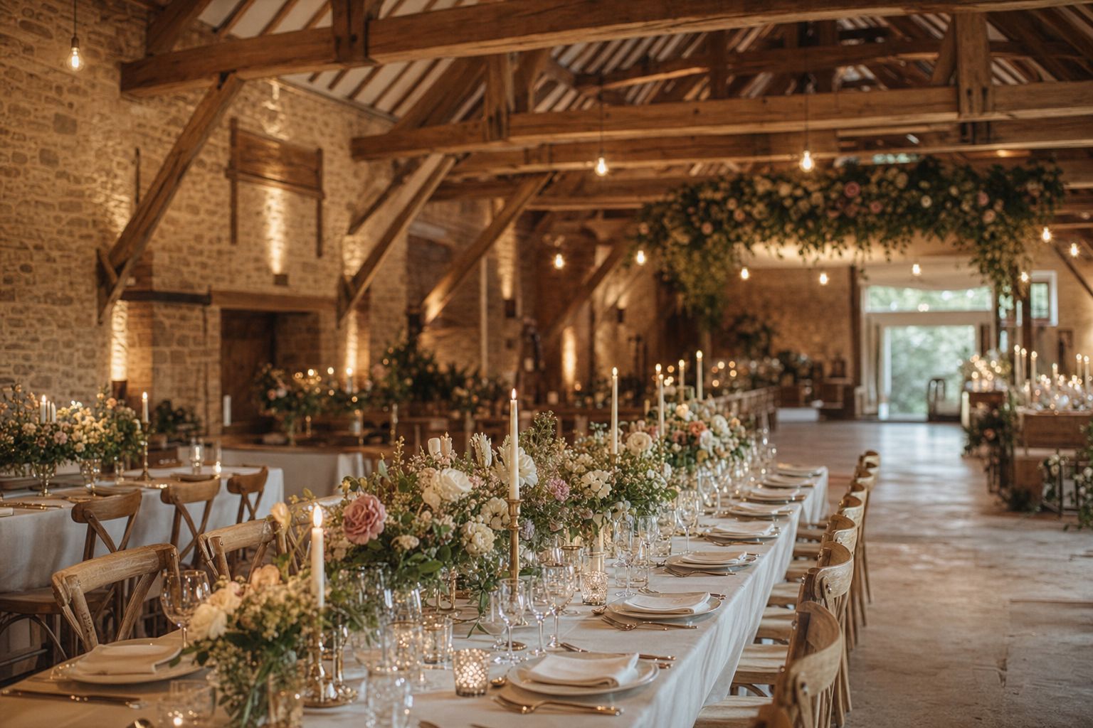 The restored threshing barn set for dinner under soaring oak trusses and candlelight