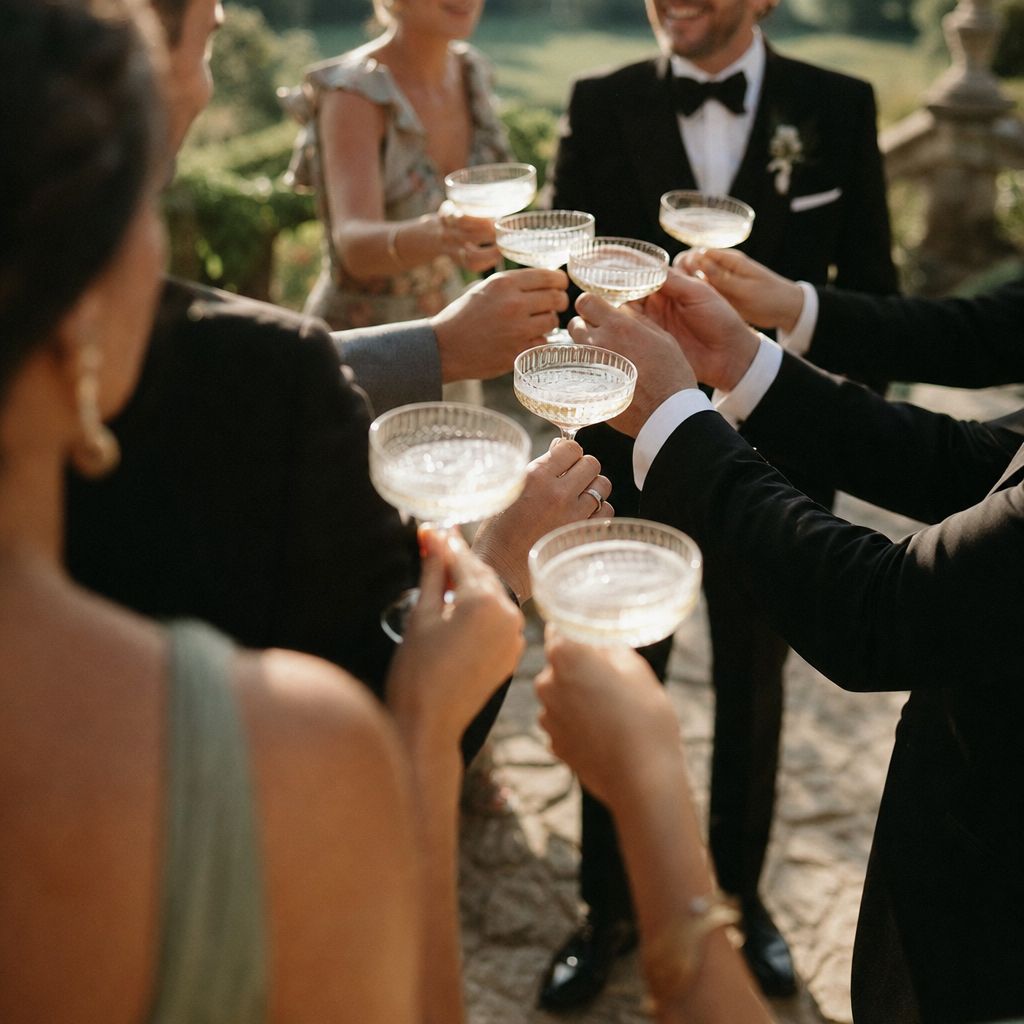 Wedding guests raising champagne coupes on the sunlit flagstone terrace